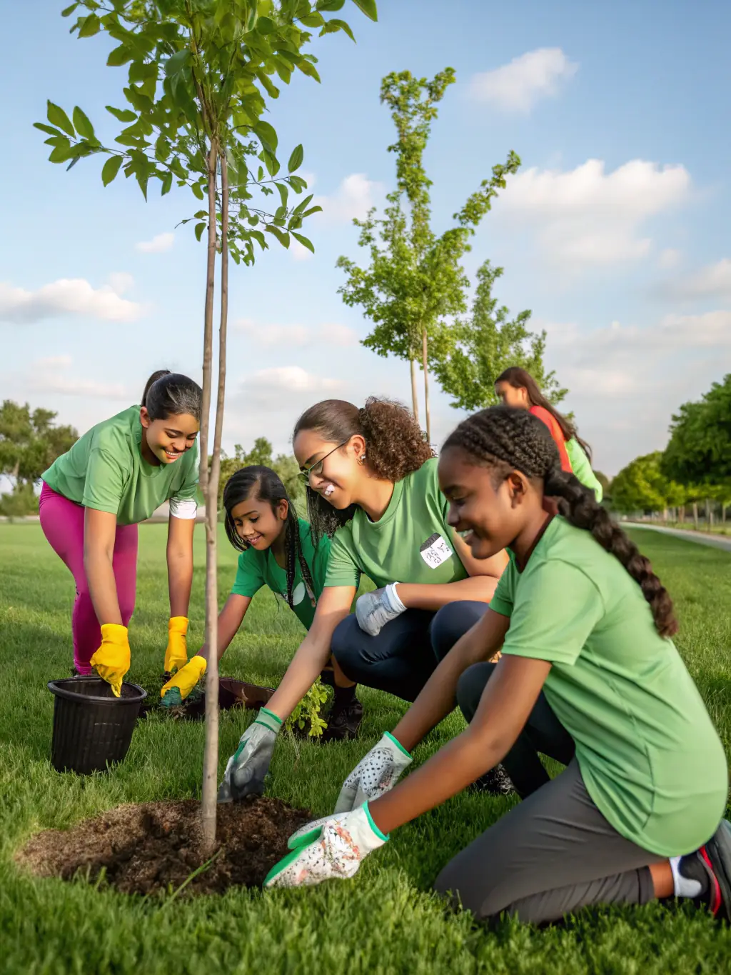 A group of environmental activists planting trees in a deforested area, illustrating the importance of environmental conservation and the funding required for such initiatives.