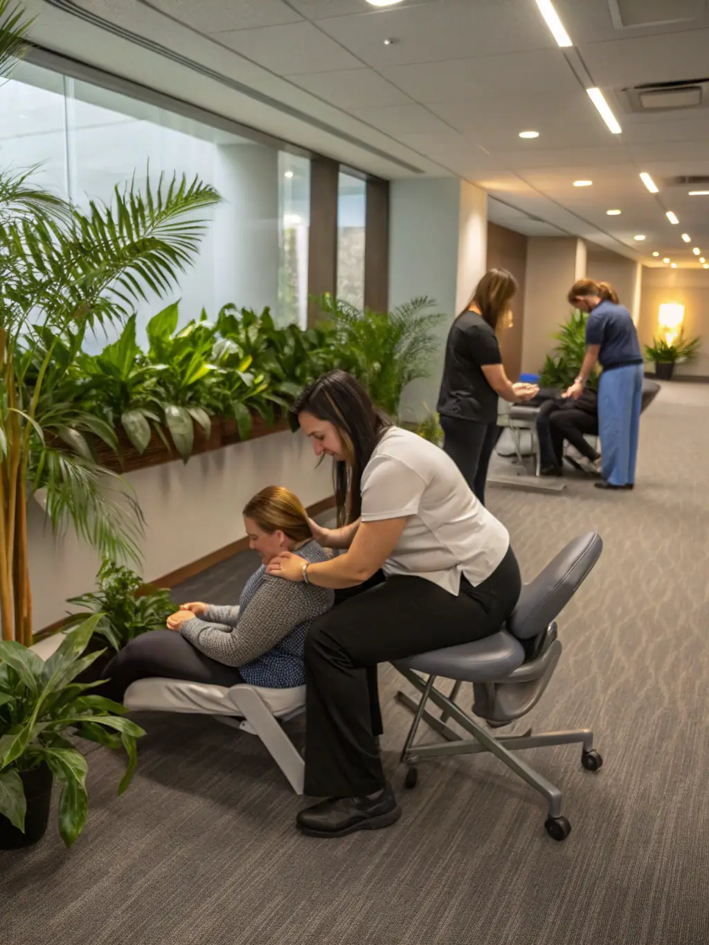 A group of diverse massage therapists collaborating and celebrating success in a modern office, symbolizing community and support.
