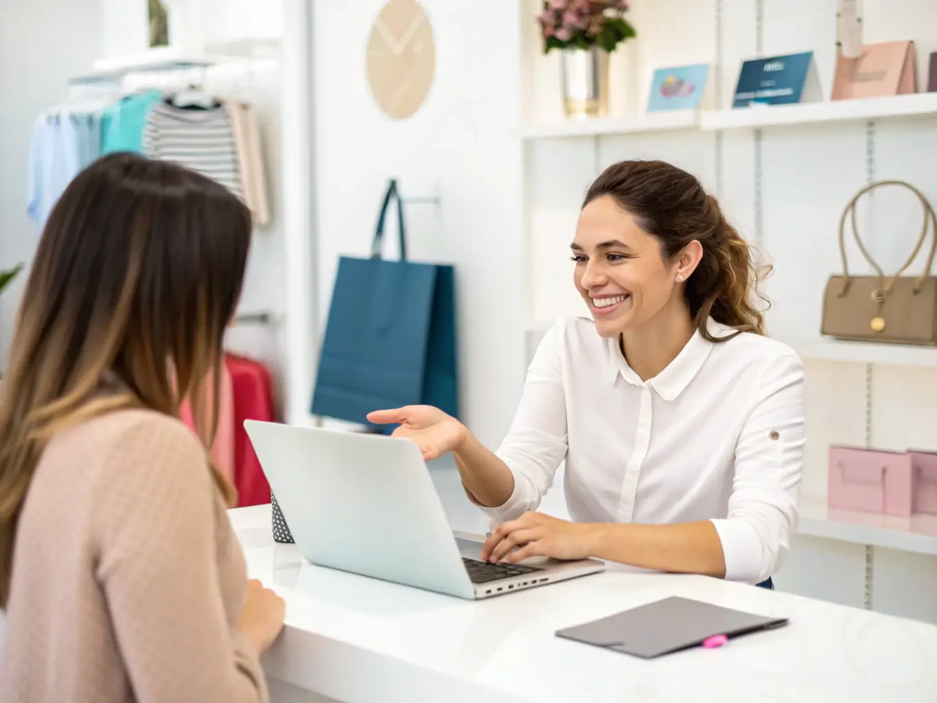A smoke shop owner is filling out an online application form on a laptop, with a friendly customer service representative visible in the background, assisting with the process.