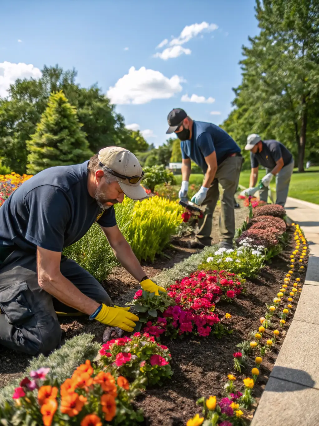 A wide shot of a landscaping crew working efficiently on a large commercial property, with modern equipment and well-organized operations, symbolizing business growth.