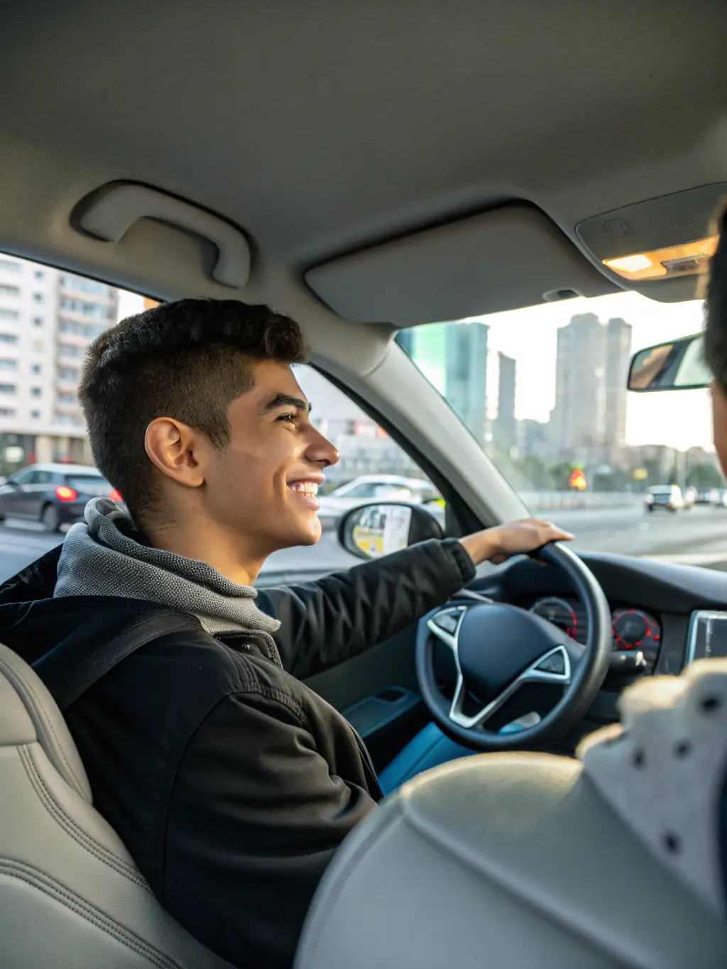 A Lyft driver smiling and interacting positively with passengers in the backseat of their car, showcasing the importance of customer service in the rideshare industry.