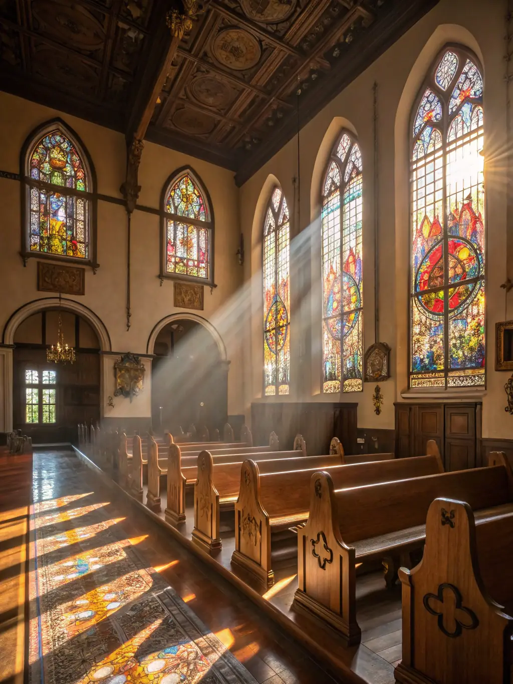 A modern, sunlit church interior with people engaged in various activities, representing community and growth.
