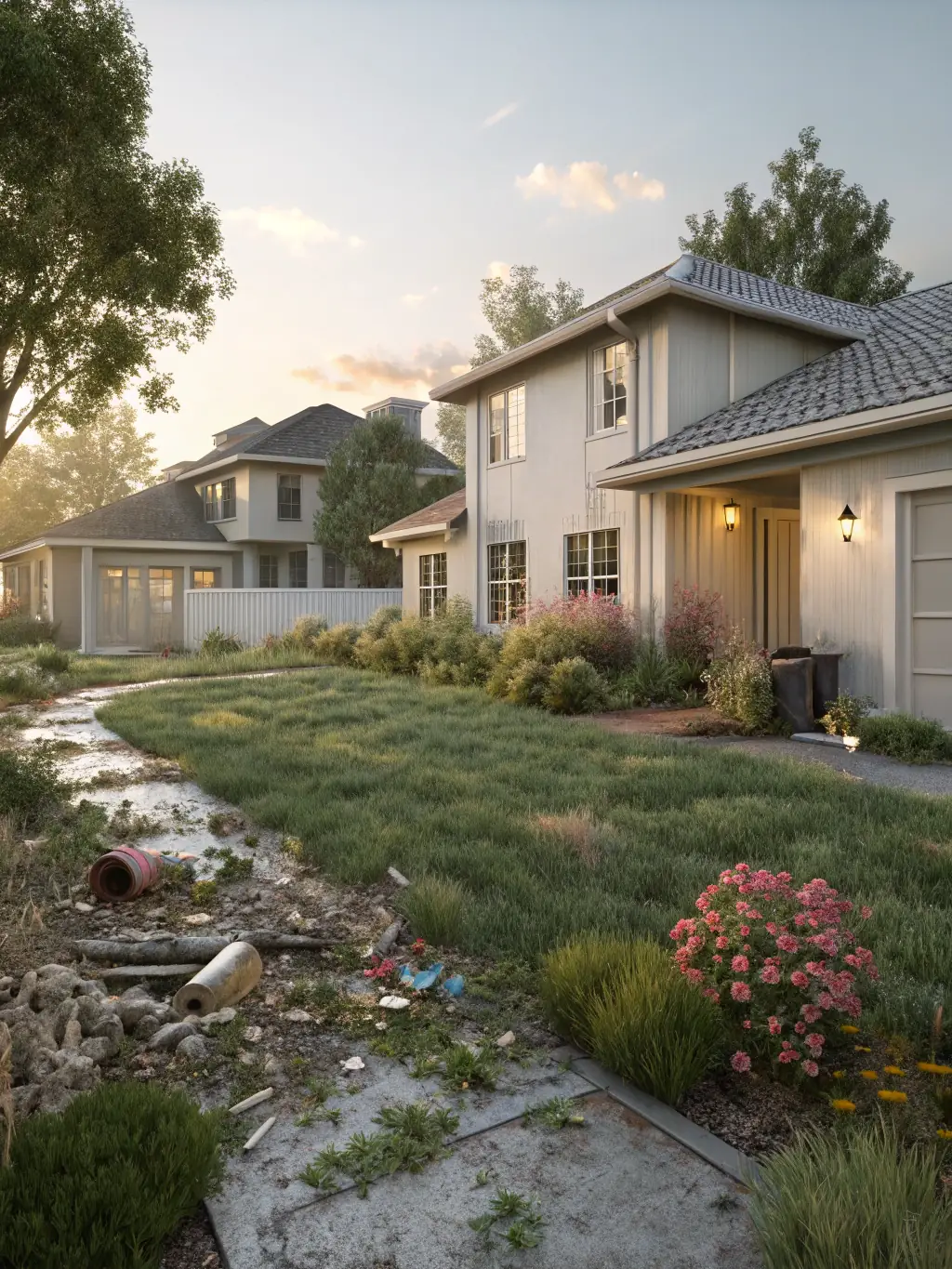 A split-screen image showing a before-and-after transformation of a residential garden, with lush greenery and vibrant flowers, representing the impact of landscaping services.