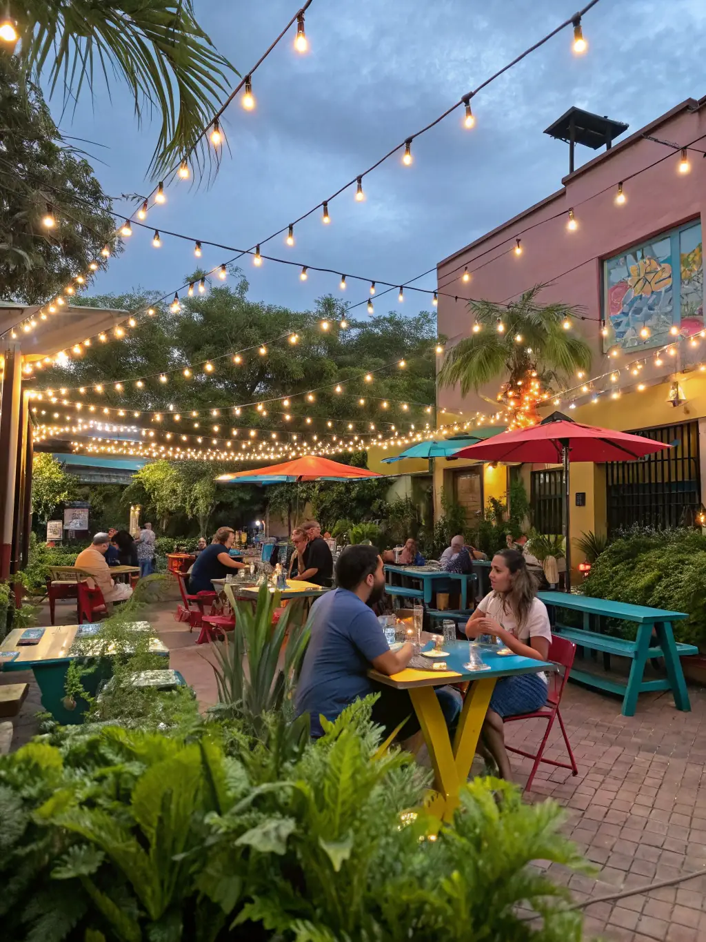 A bustling restaurant patio with happy customers, representing increased revenue and customer satisfaction.