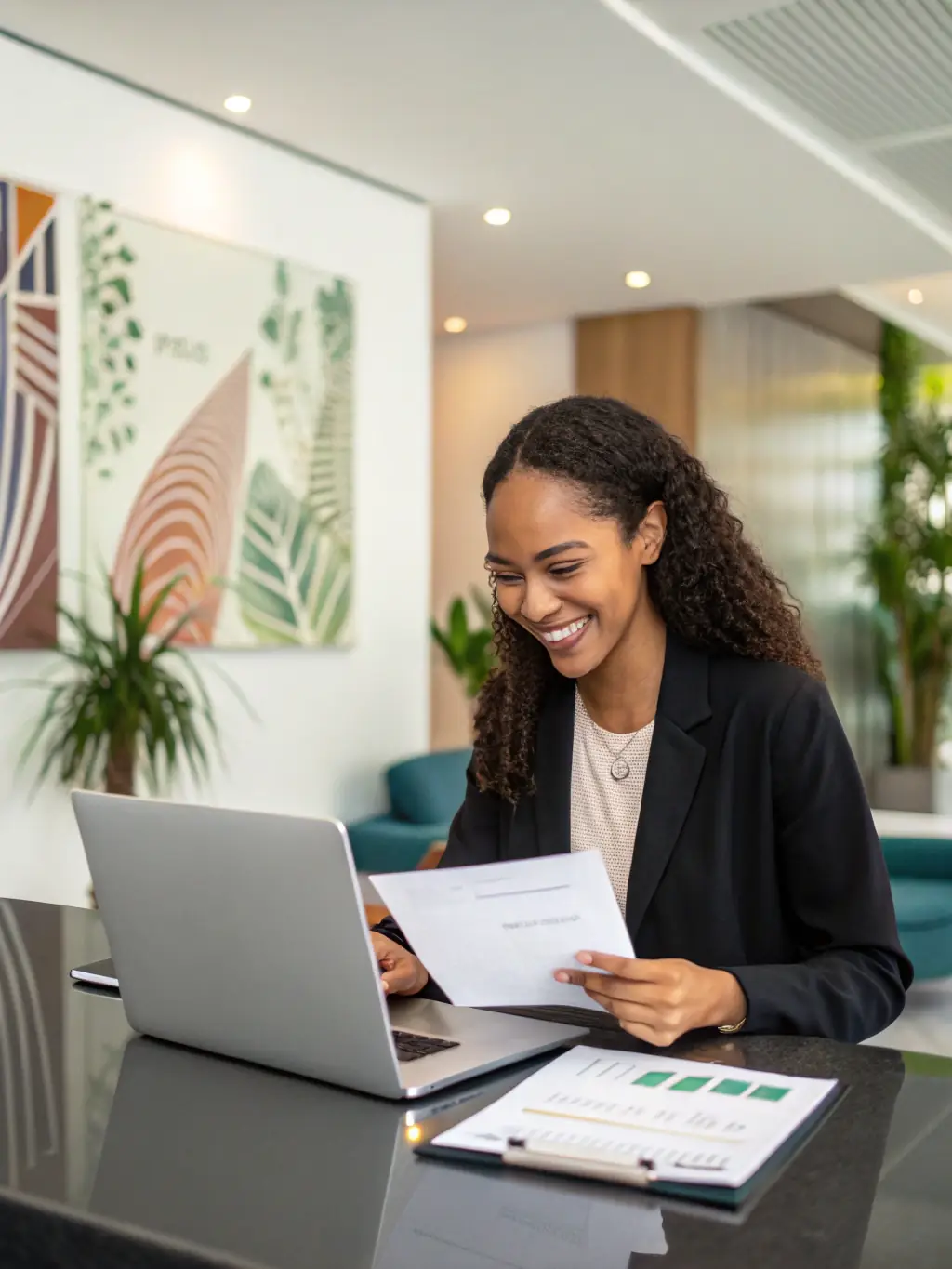 A professional photo of a medical spa owner smiling and confidently reviewing financial documents in a modern office setting, symbolizing trust and reliability in financial partnerships.