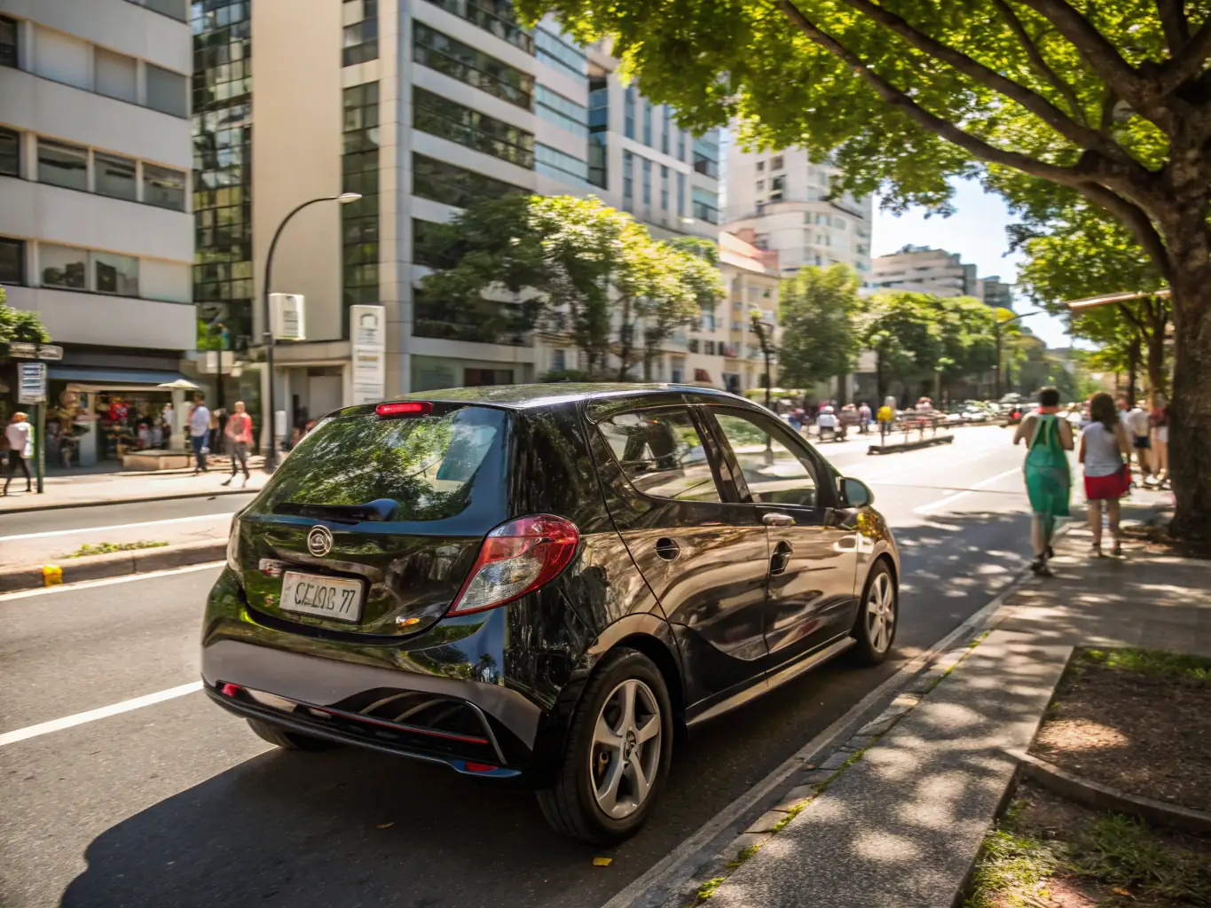 A brand new, fuel-efficient car is parked in front of a modern house, symbolizing the upgrade an Uber driver can achieve with the help of Mulah's funding. The car is sleek and attractive, representing success and investment.