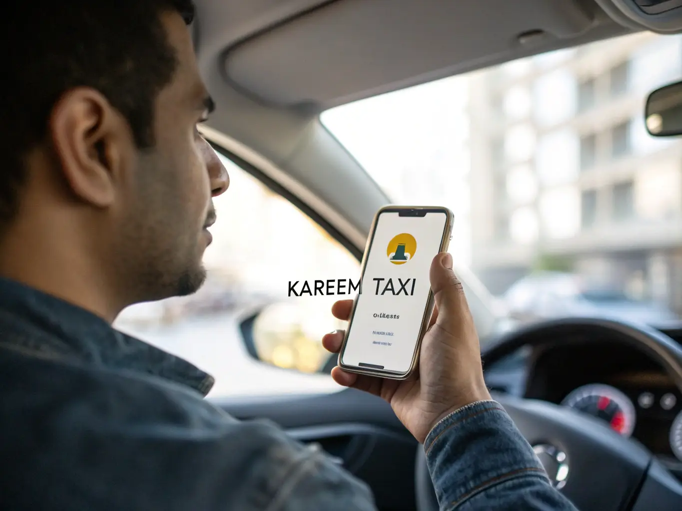 An Uber driver is confidently using a mobile app to manage their rides and earnings, showcasing the ease and efficiency of running a rideshare business with the right financial support. The driver is smiling and focused.
