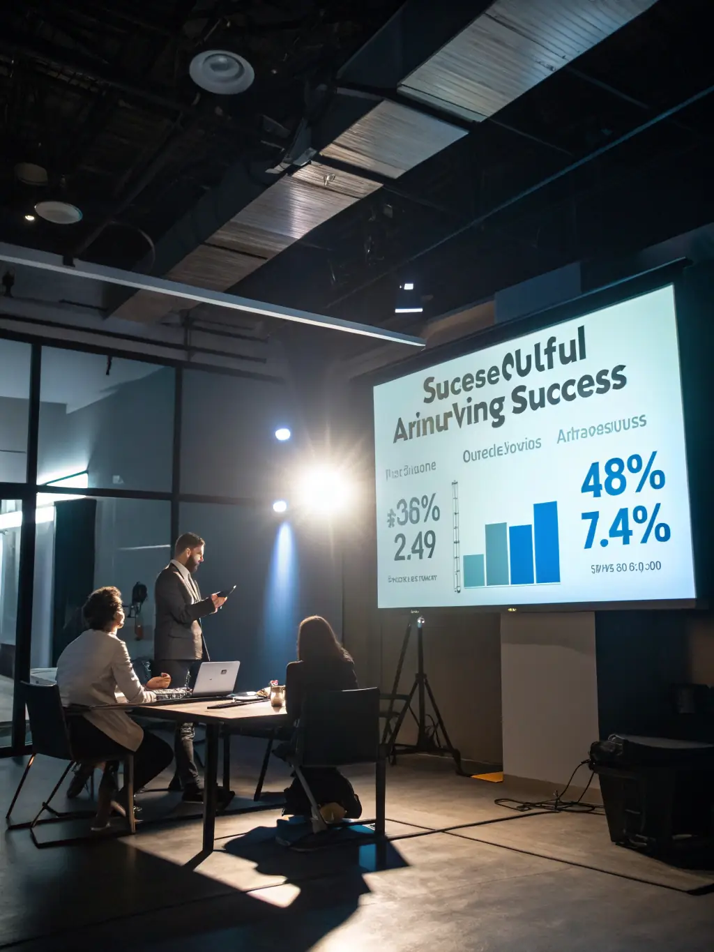 A graphic depicting a successful marketing project, such as a website launch or ad campaign, with positive metrics and client testimonials, illustrating project financing.