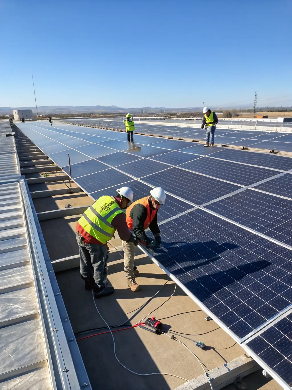 A diverse team of engineers and technicians working on a renewable energy project, such as a solar farm or wind turbine installation, used to illustrate diversification funding.