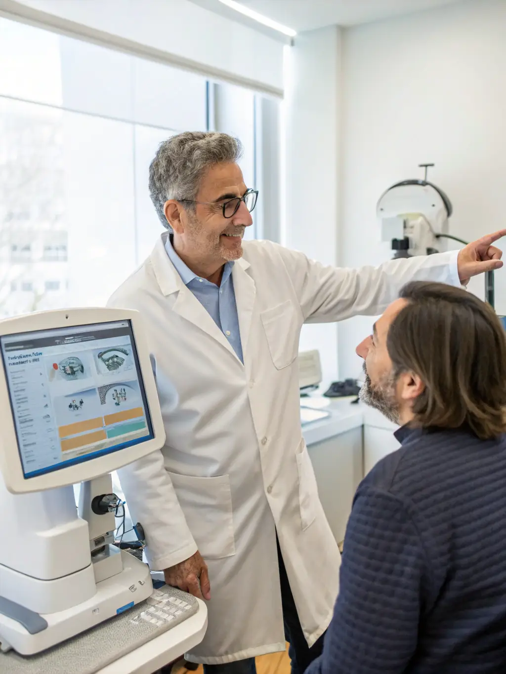 An optometrist consulting with a patient, illustrating personalized care and the need for working capital.