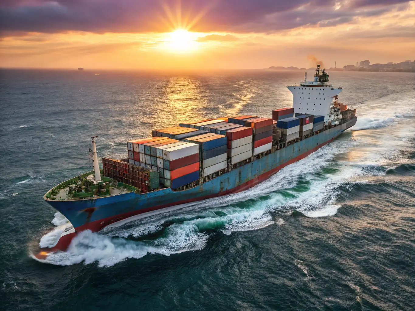 A professional photograph of a cargo ship sailing smoothly on a calm sea at sunset, symbolizing efficient and reliable shipping operations.
