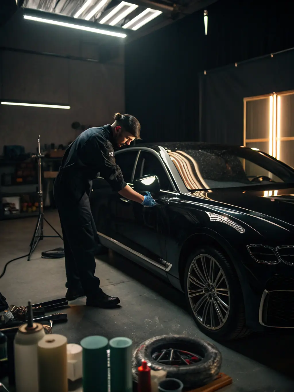 A busy window tinting shop with multiple cars being worked on simultaneously, illustrating a thriving business environment.