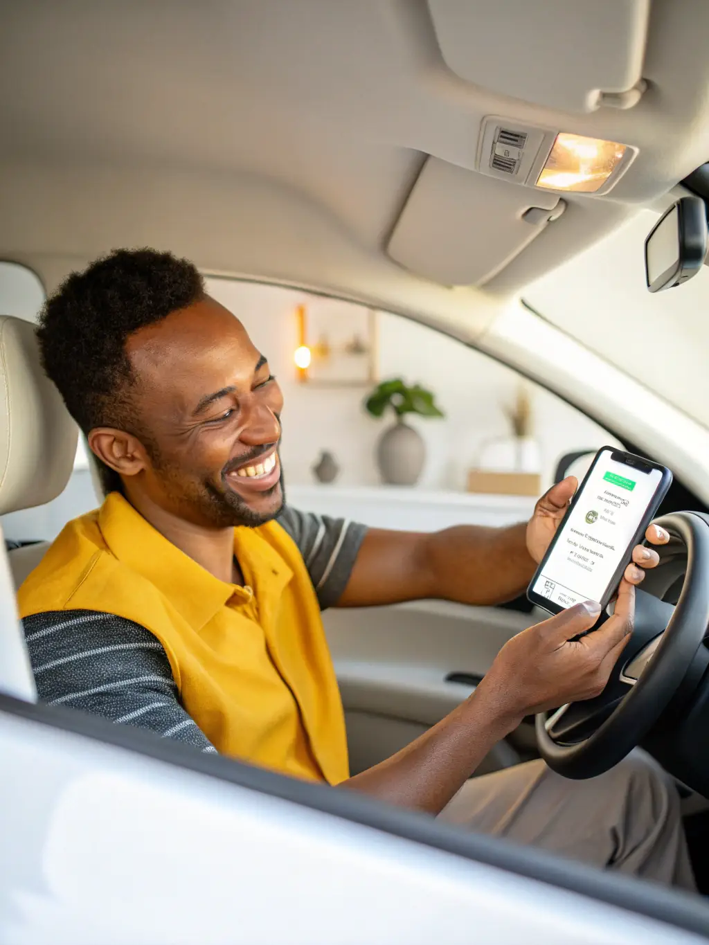 A professional Lyft driver smiling confidently while checking their Mulah account balance on their smartphone, showcasing the ease of managing their finances.