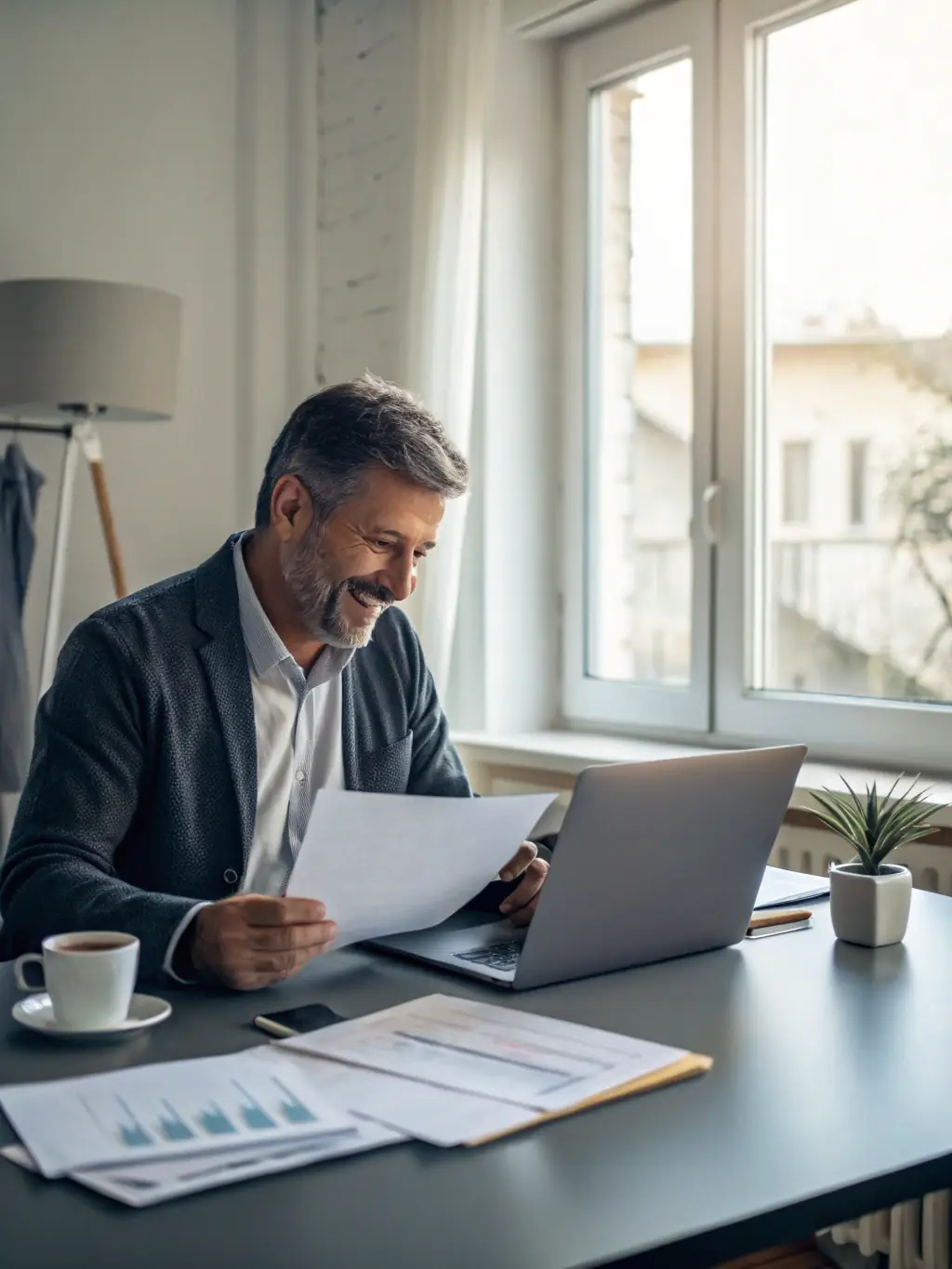 A landscaping business owner reviewing financial statements on a laptop, illustrating the benefits of Mulah's funding for business growth and stability.