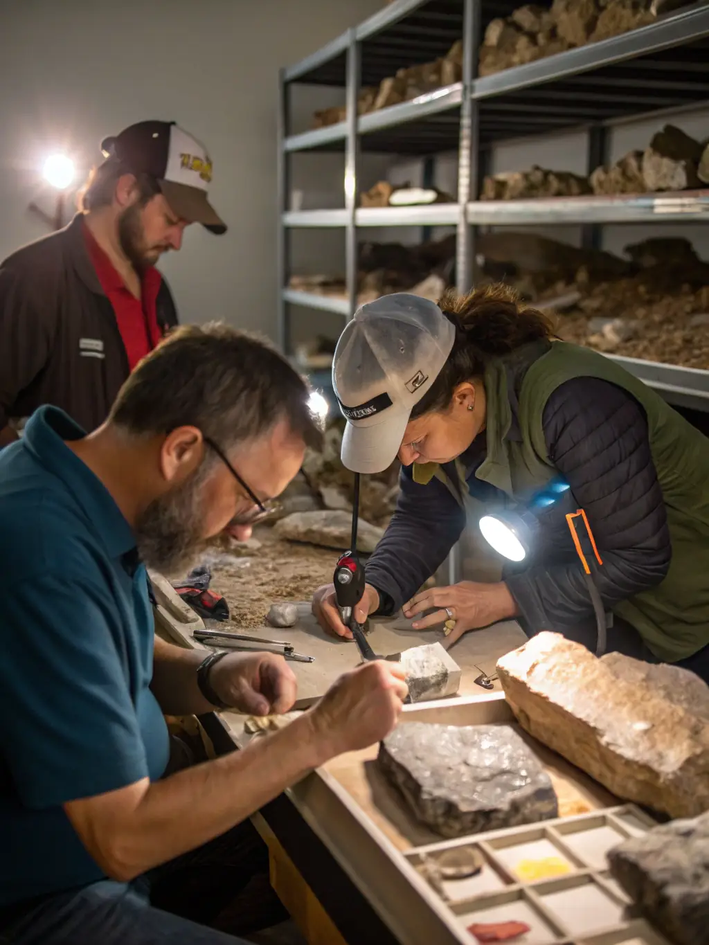 A close-up shot of a geologist's hands examining a mineral sample with a magnifying glass, highlighting the precision and expertise involved in mineral analysis, set against a backdrop of a well-lit laboratory.