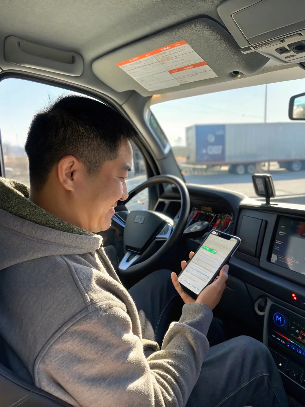A driver using a mobile app to track deliveries and manage logistics, showcasing the integration of technology in modern transportation.