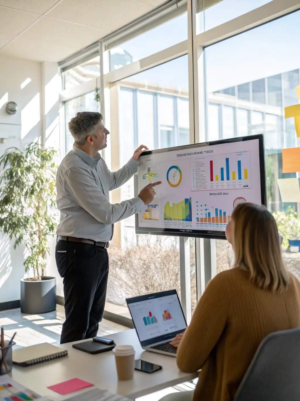 A consultant presenting data insights to a client, highlighting the expertise and specialized knowledge within the professional services industry, and how OnDeckClone understands these needs.
