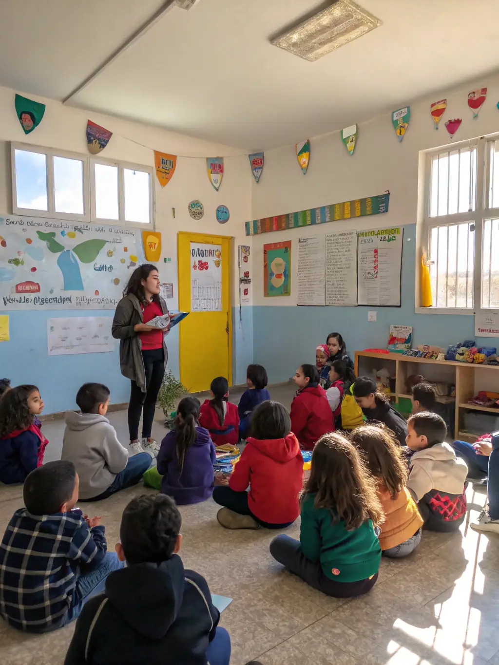 A diverse group of students happily engaged in a classroom activity, funded by Mulah, with a teacher smiling in the background.
