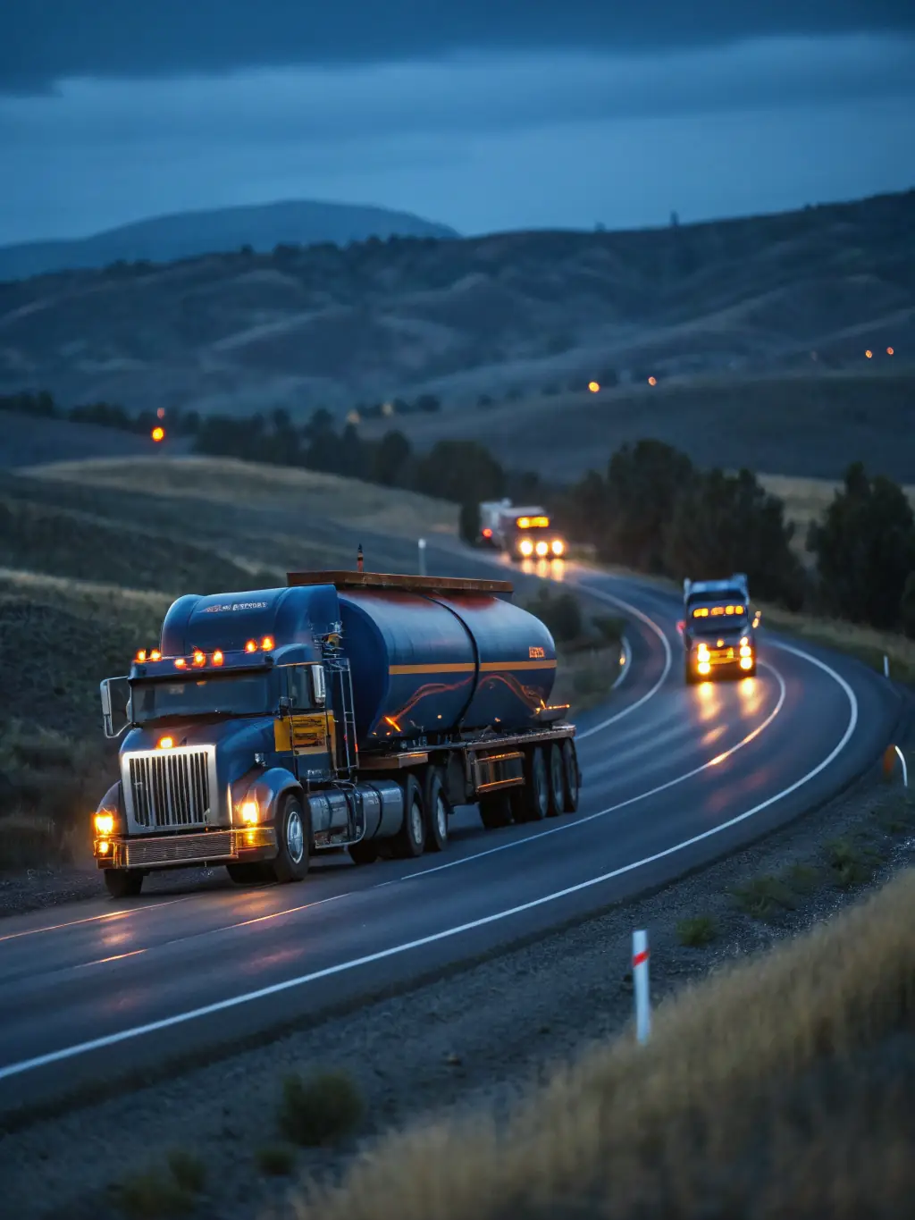 A convoy of semi-trucks driving down a highway at sunset, representing fleet funding for trucking companies.