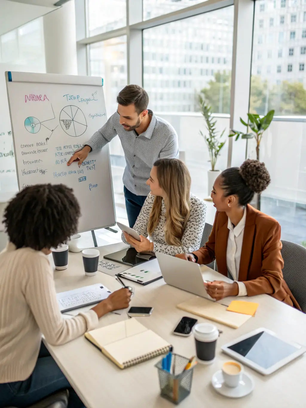 A professional marketing team brainstorming ideas in a modern office, representing the collaborative spirit and innovation that Mulah supports.