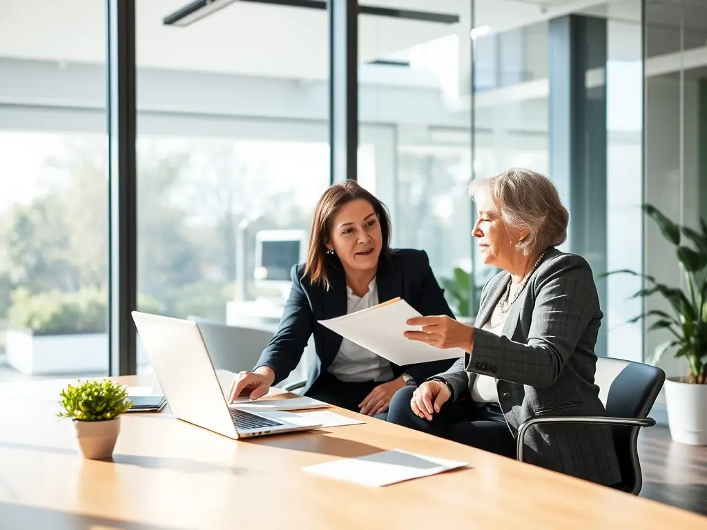 A professional plastic surgeon in a modern office setting, consulting with a financial advisor from Mulah, discussing funding options for practice expansion.