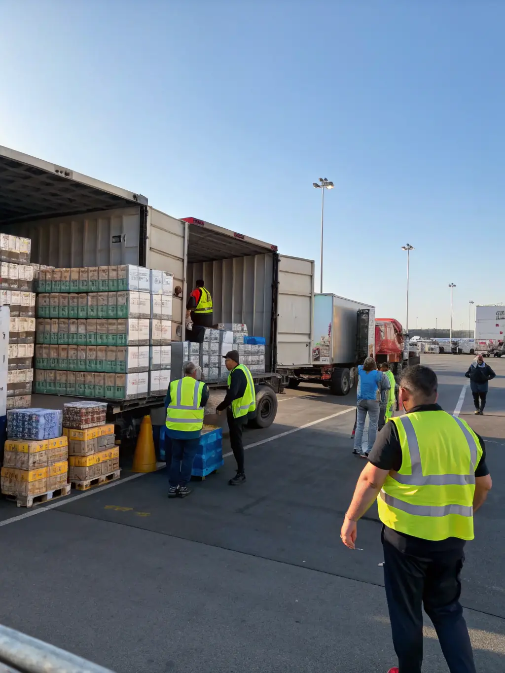 A wide shot of a logistics warehouse, showing trucks loading and unloading cargo, with a focus on the organized chaos of the operation.