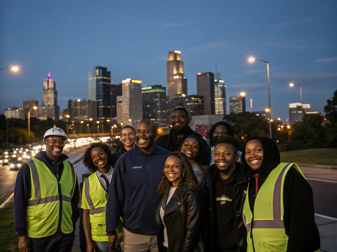 A diverse group of Lyft drivers standing together, representing the Mulah community and the support network available to drivers.
