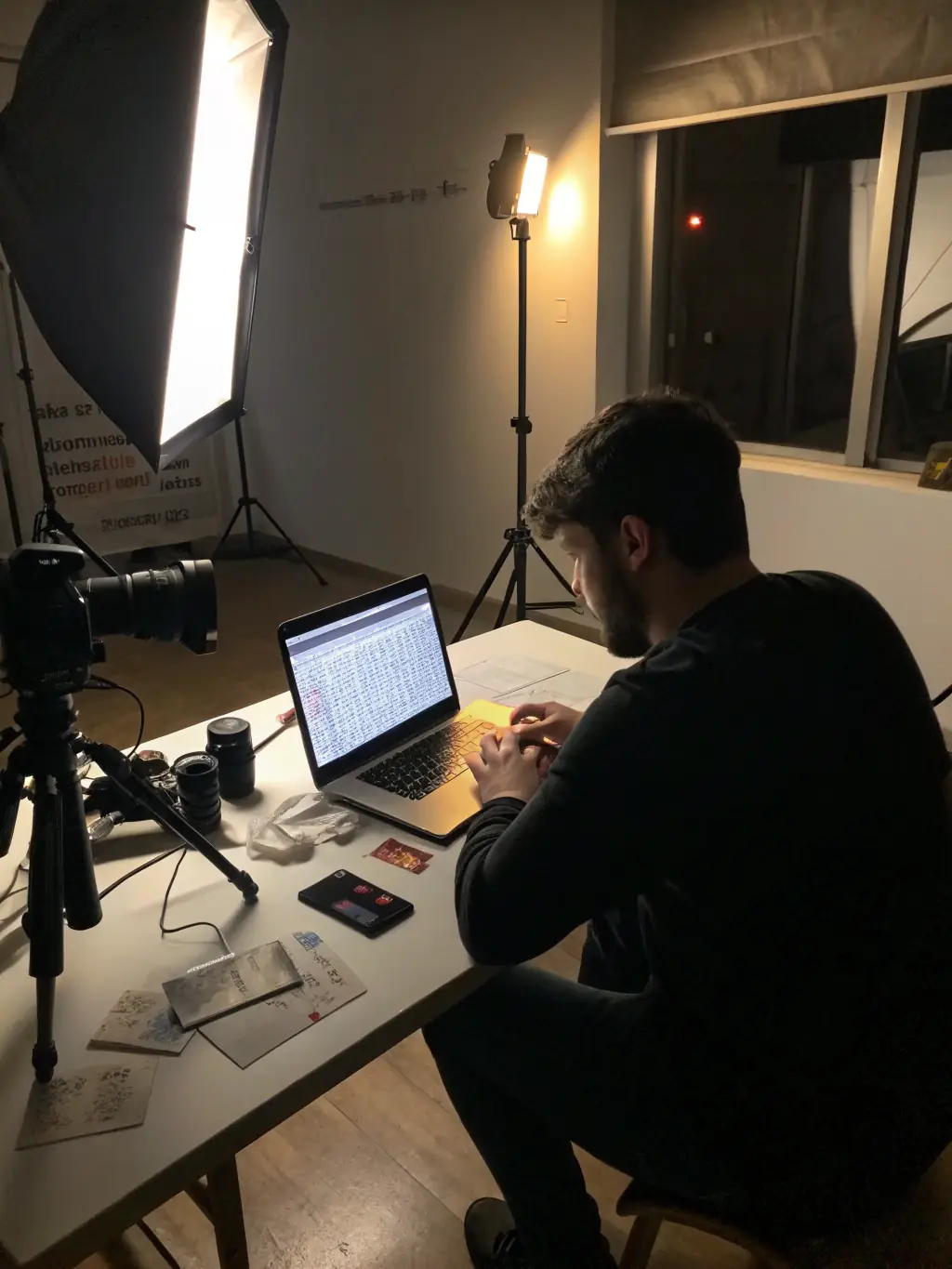 A photographer reviewing financial reports on a tablet, with a modern office space in the background, symbolizing the need for efficient financial management. The image should convey professionalism and technological integration.
