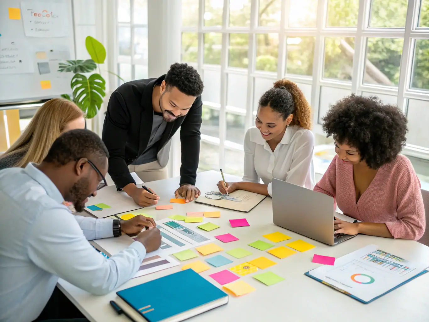 A diverse team of media professionals collaborating in a modern office space, brainstorming ideas for a new project, symbolizing Mulah's industry expertise.
