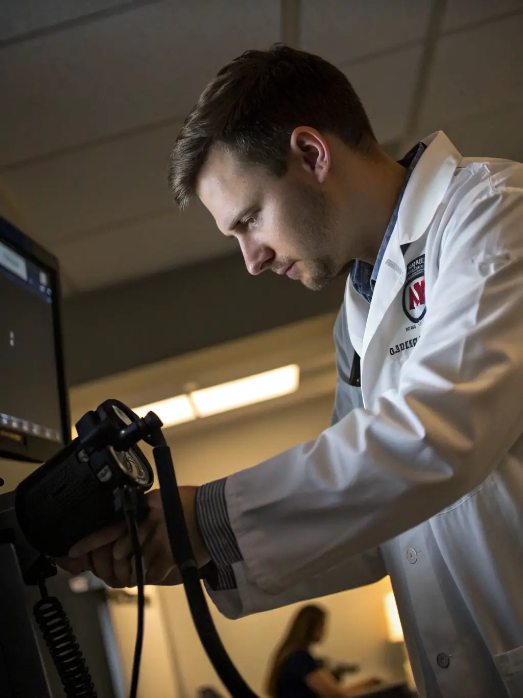 A medical training classroom with students actively participating in a hands-on training session, focusing on the use of medical equipment.