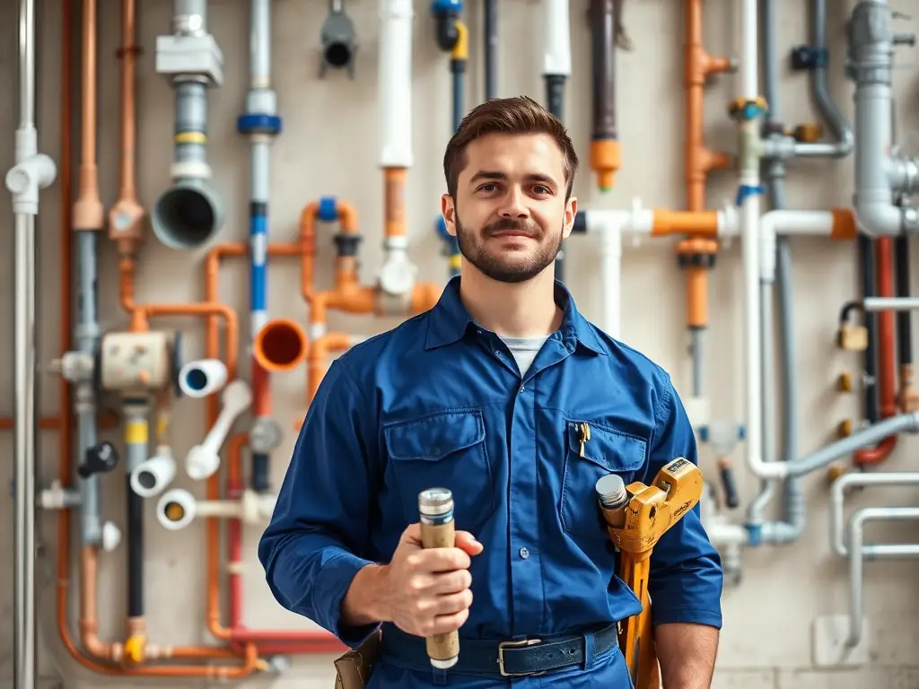 A plumber purchasing new, state-of-the-art equipment at a supply store, illustrating the investment in tools and technology facilitated by Mulah.com.