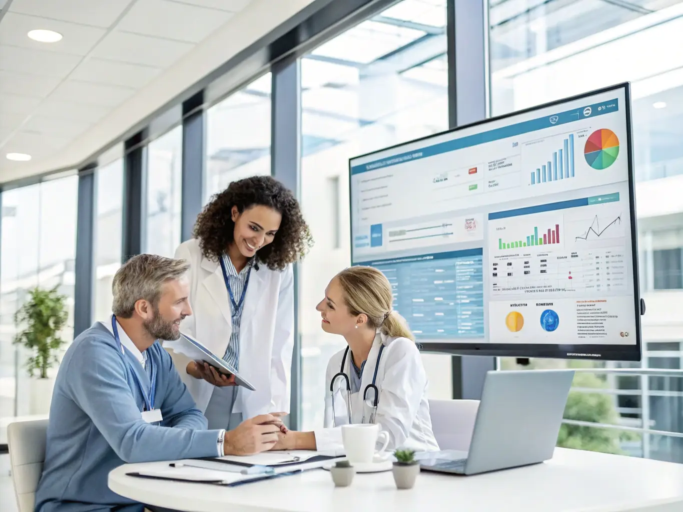 A diverse team of medical spa professionals collaborating in a modern office setting, symbolizing the benefits of working capital for team growth and development.