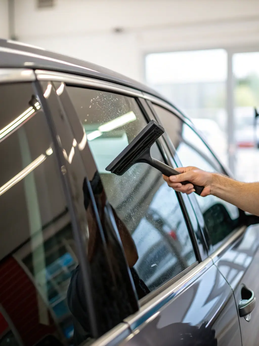 A professional window tinting technician carefully applies film to a car window in a well-lit shop, showcasing precision and expertise.