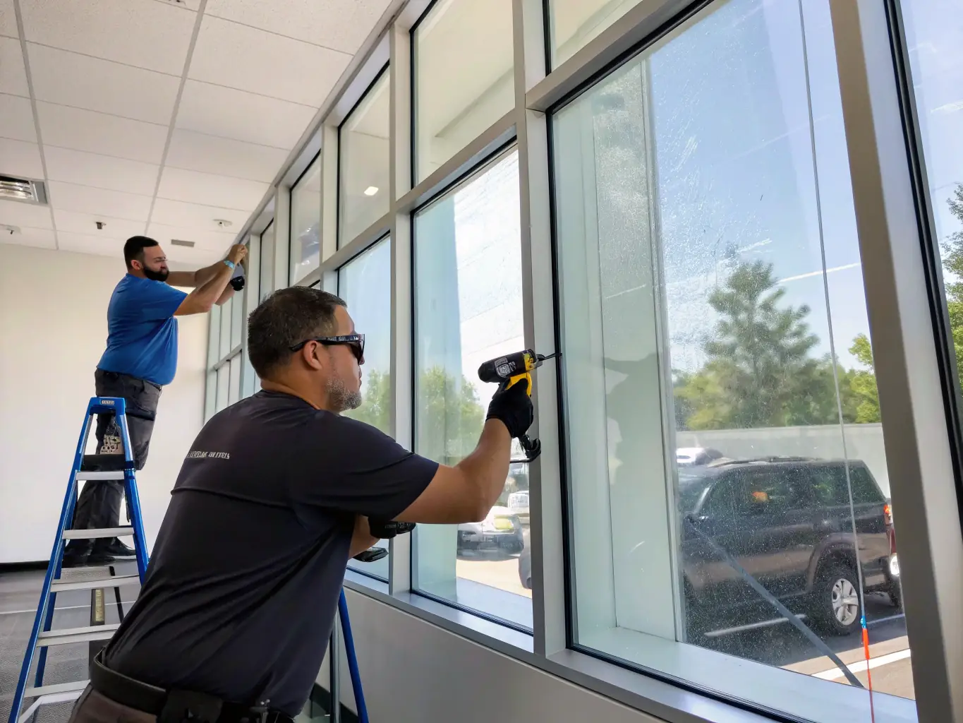 A state-of-the-art window tinting machine applying film to a car window, highlighting the precision and technology involved in the process, suggesting the need for equipment upgrades.
