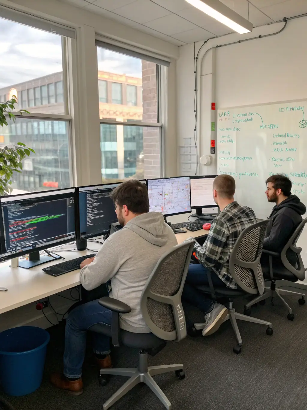 A modern office space with developers collaborating, illustrating how Mulah's funding supports innovation and growth in tech companies.