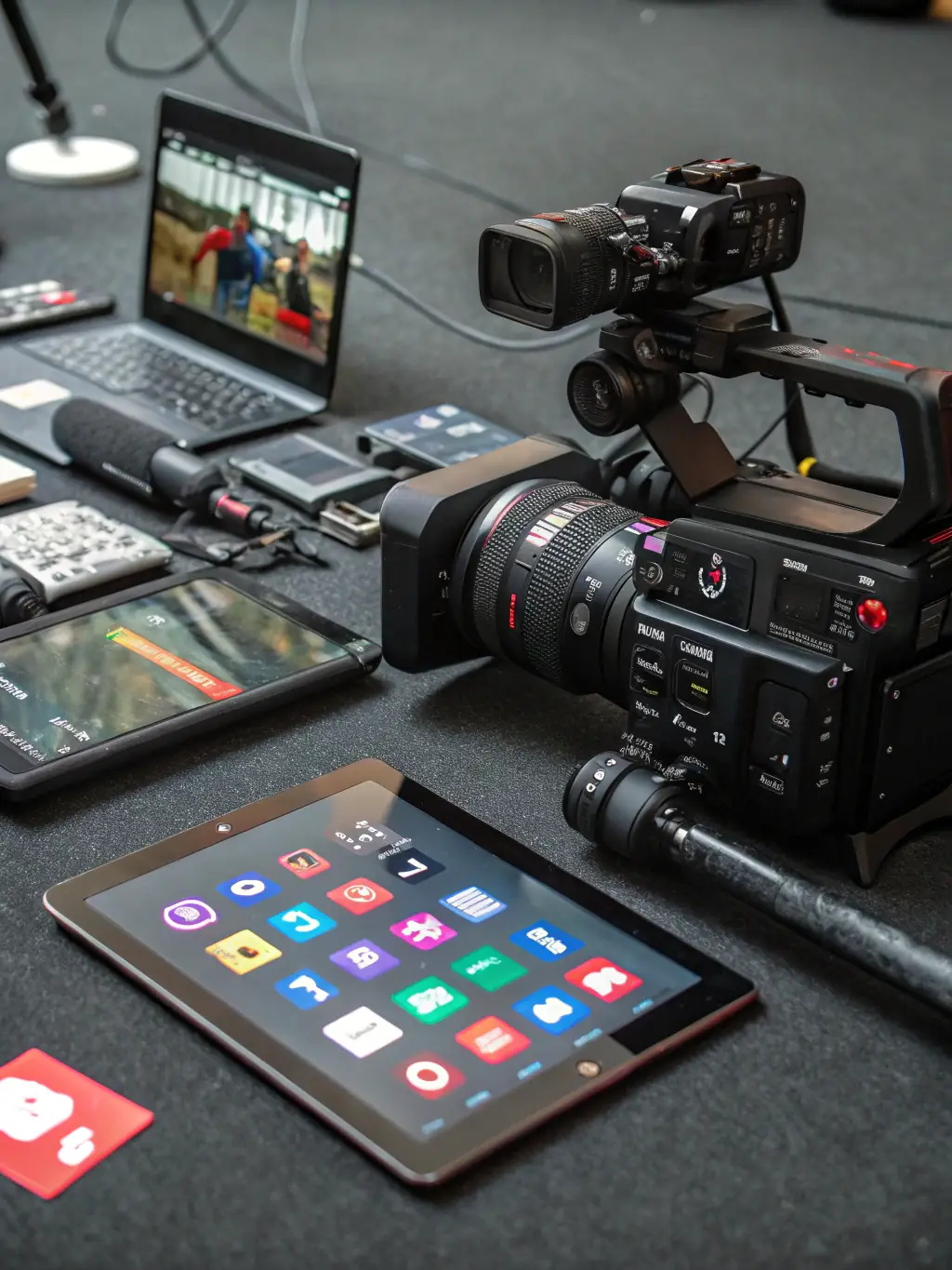 A close-up image of high-end video and audio equipment, such as cameras and editing software, illustrating equipment financing.