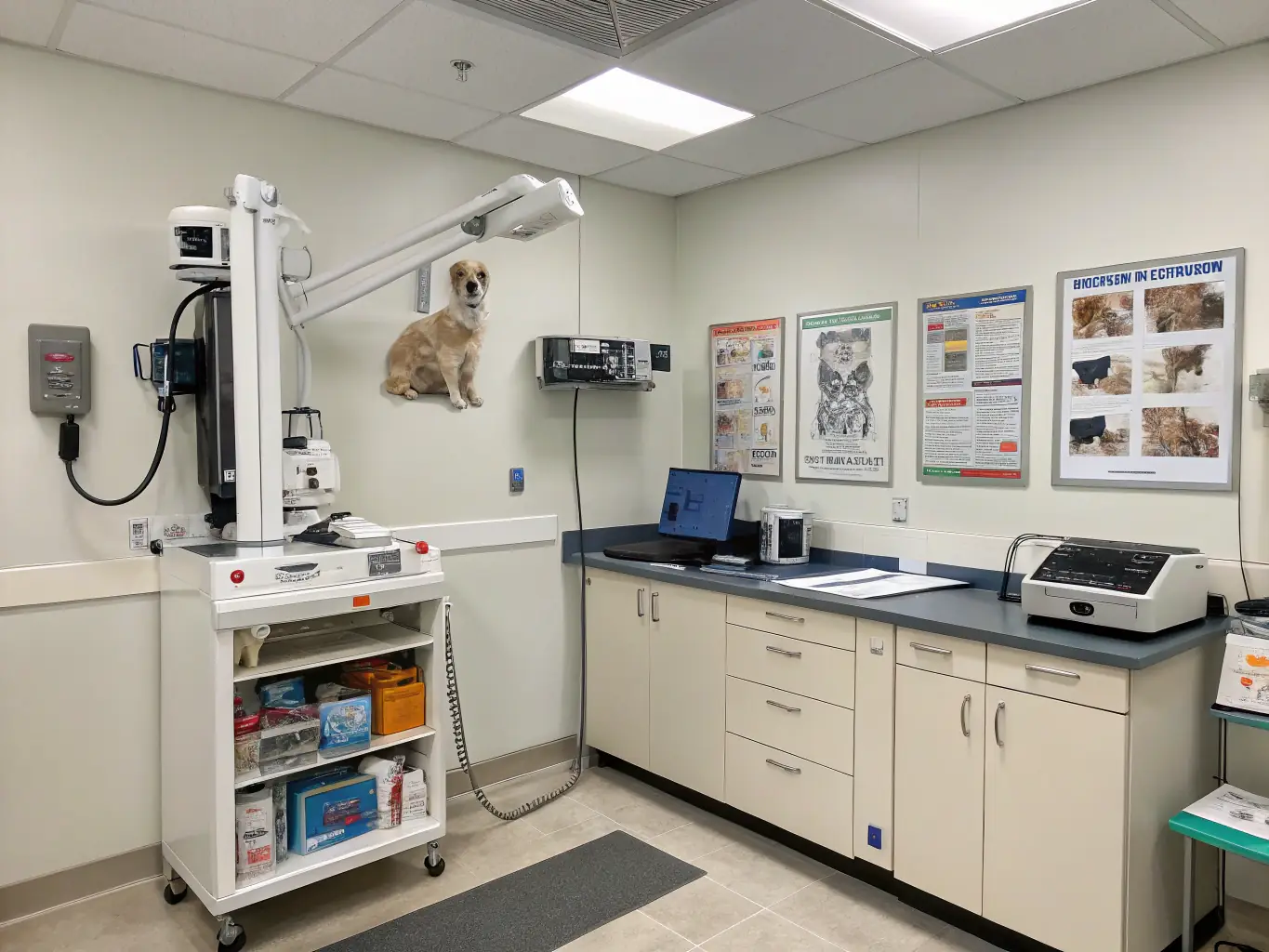 A modern veterinary clinic with state-of-the-art equipment, showcasing a veterinarian examining a pet with advanced diagnostic tools.