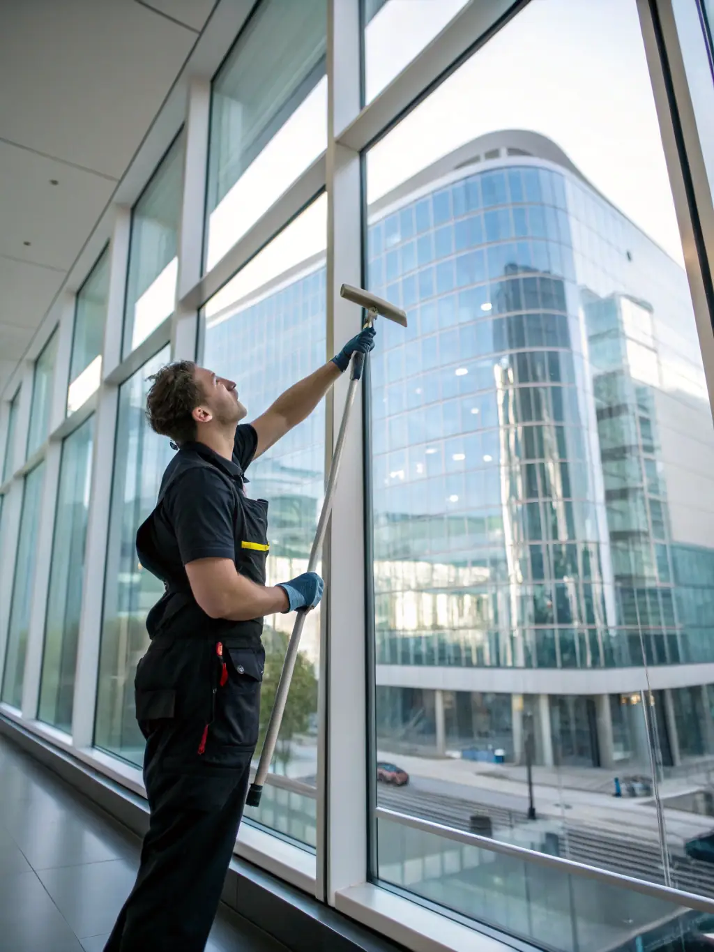 A professional janitor cleaning a large office window with a cityscape in the background, symbolizing efficiency and reliability.