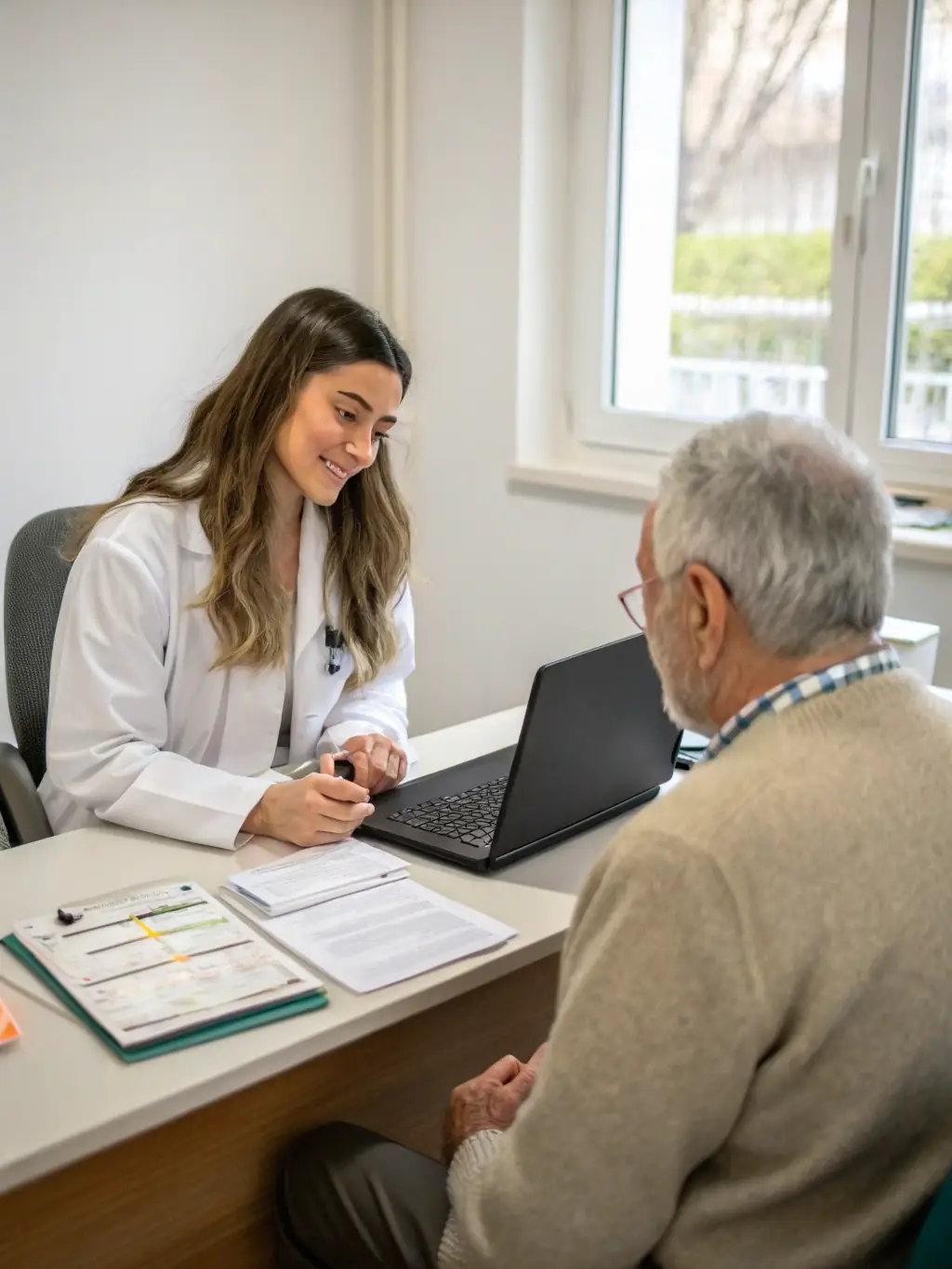 A pharmacist consulting with a patient in a private counseling room, highlighting specialized services and the need for specific funding.