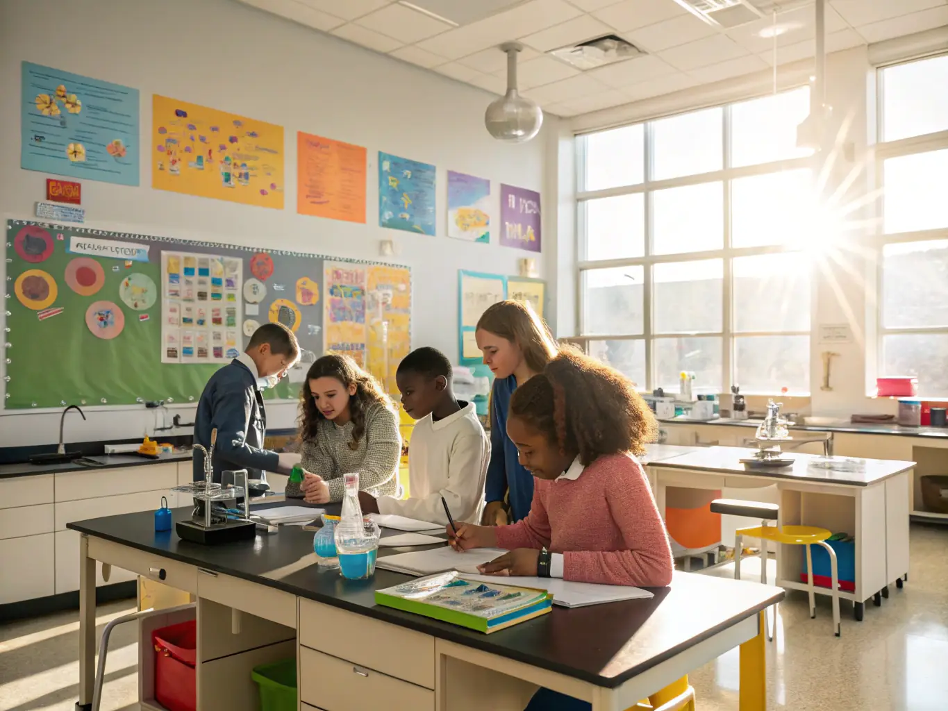 A diverse group of students working together on a science project in a well-equipped laboratory, symbolizing enhanced educational programs through strategic funding.