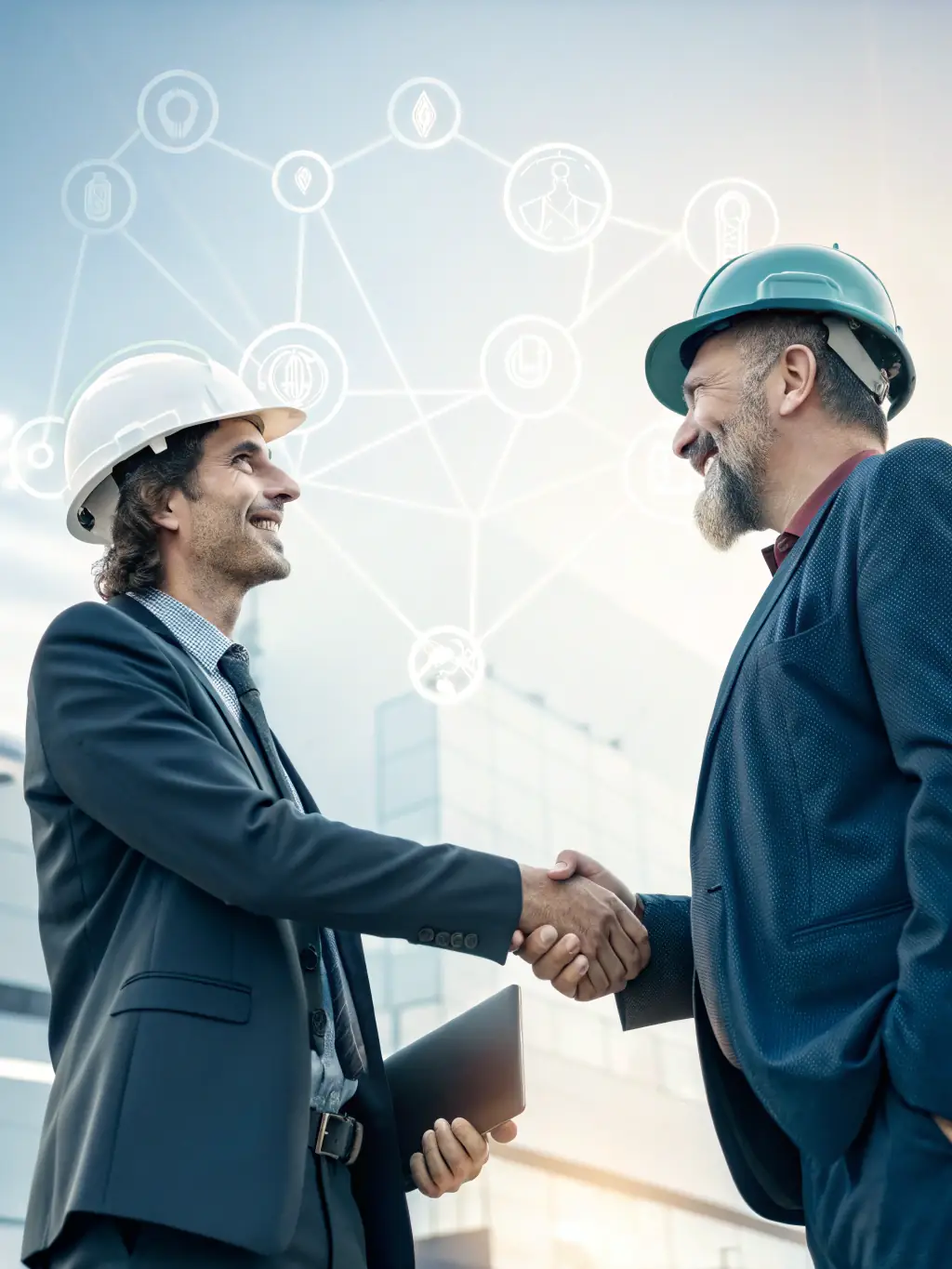 A professional photo of a Mulah.com account manager shaking hands with a staffing agency owner in a modern office setting, symbolizing partnership and trust.