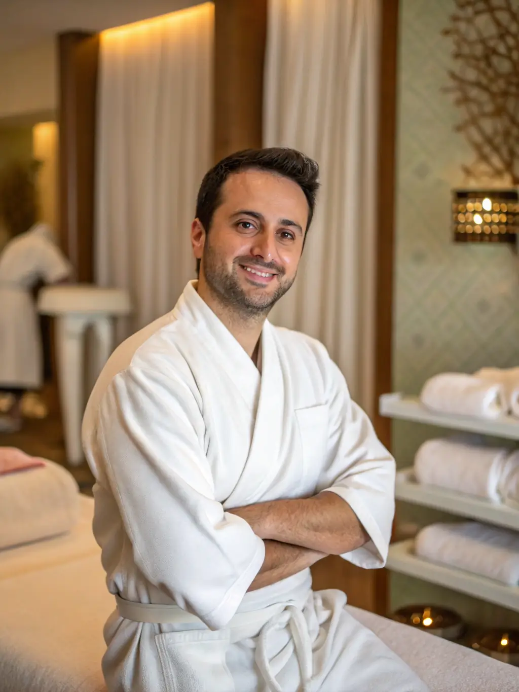 A massage therapist confidently expanding their business, with a new location being set up, showcasing growth and opportunity.