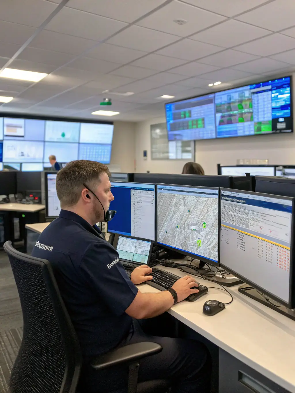 A medium shot of a dispatcher in a trucking company, coordinating routes and deliveries with multiple screens displaying real-time data.