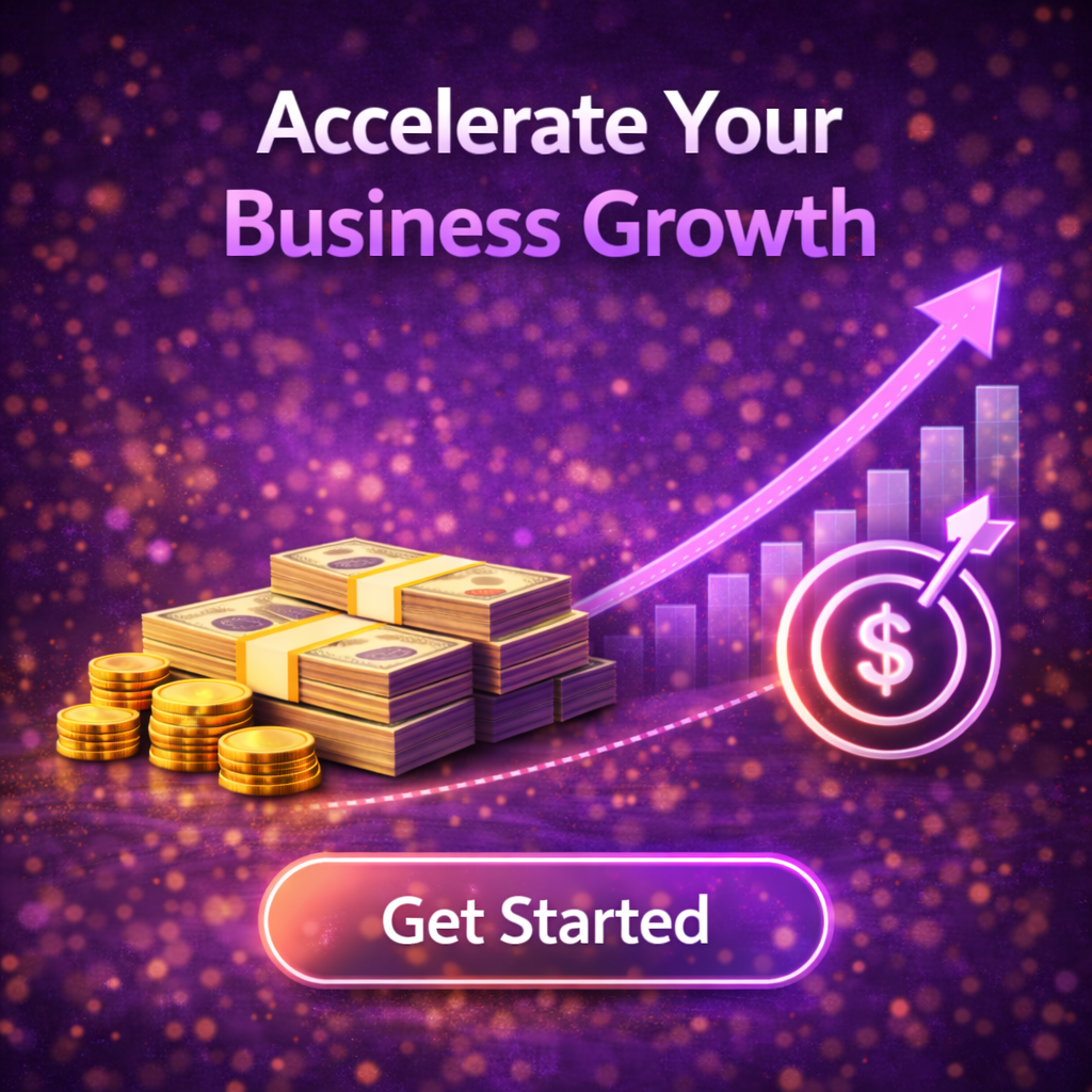Accelerate your business growth graphic showing stacks of cash, gold coins, a rising financial chart, and a target icon on a purple background.