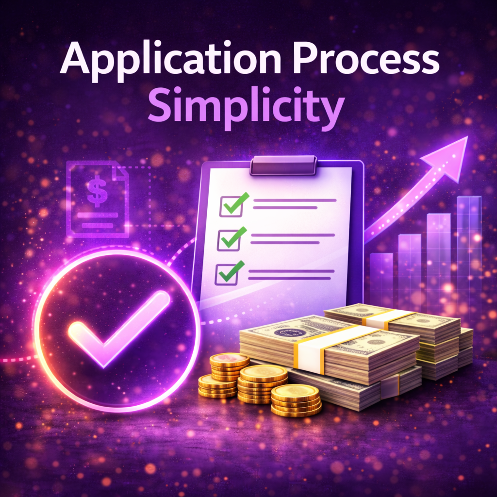 Application process simplicity graphic showing a checklist with green checkmarks, stacks of cash, coins, and an upward growth arrow on a purple business funding background.