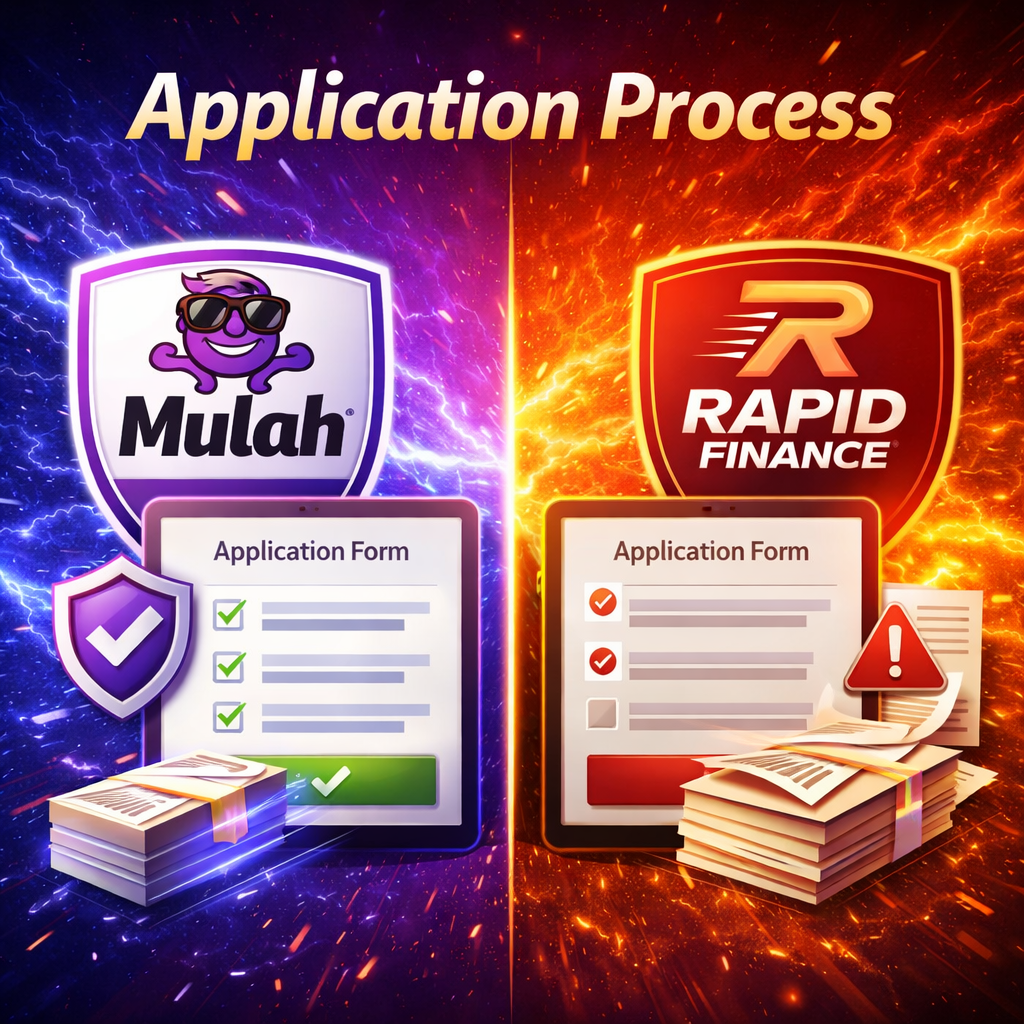 Application process comparison graphic showing Mulah in purple with a completed checklist and Rapid Finance with a more complex application and documents on a split financial background.