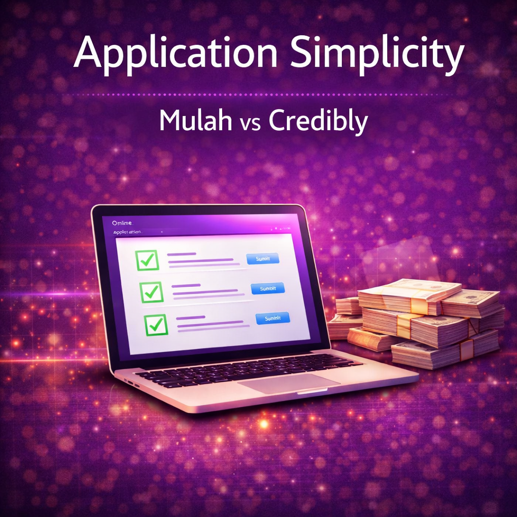 Application simplicity comparison graphic showing an online funding application on a laptop with checkmarks, stacks of cash, and a purple financial background.
