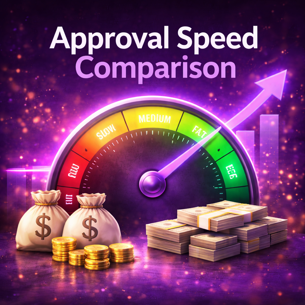 Approval speed comparison graphic showing a fast approval gauge with stacks of cash and coins on a purple financial growth background.