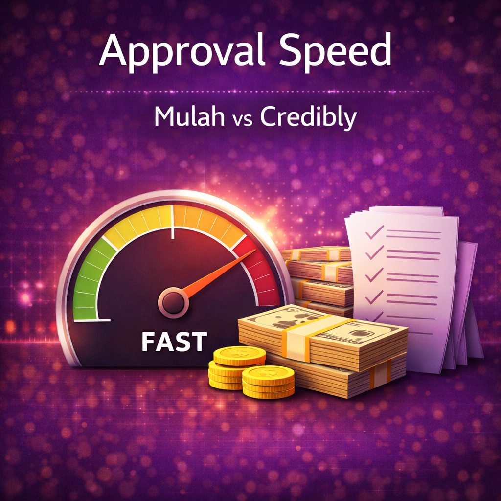 Approval speed comparison graphic showing a fast approval gauge with stacks of cash and gold coins on a purple financial background.
