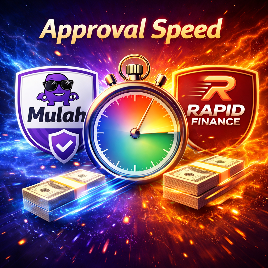 Approval speed comparison graphic showing a stopwatch, Mulah in purple branding, Rapid Finance in red, and stacks of cash on a dynamic financial background.